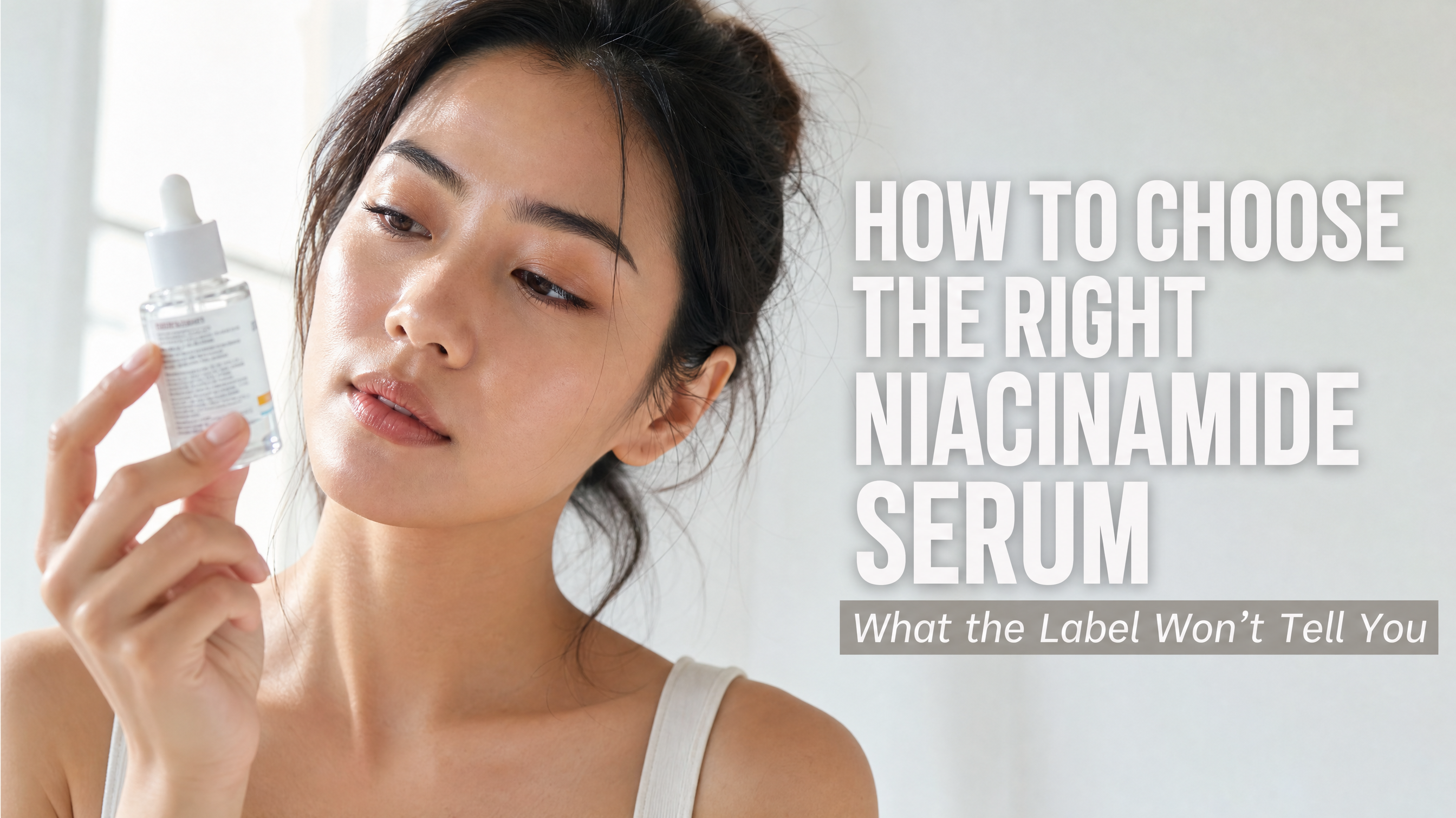 Woman examining niacinamide serum label — K-beauty ingredient guide Malaysia