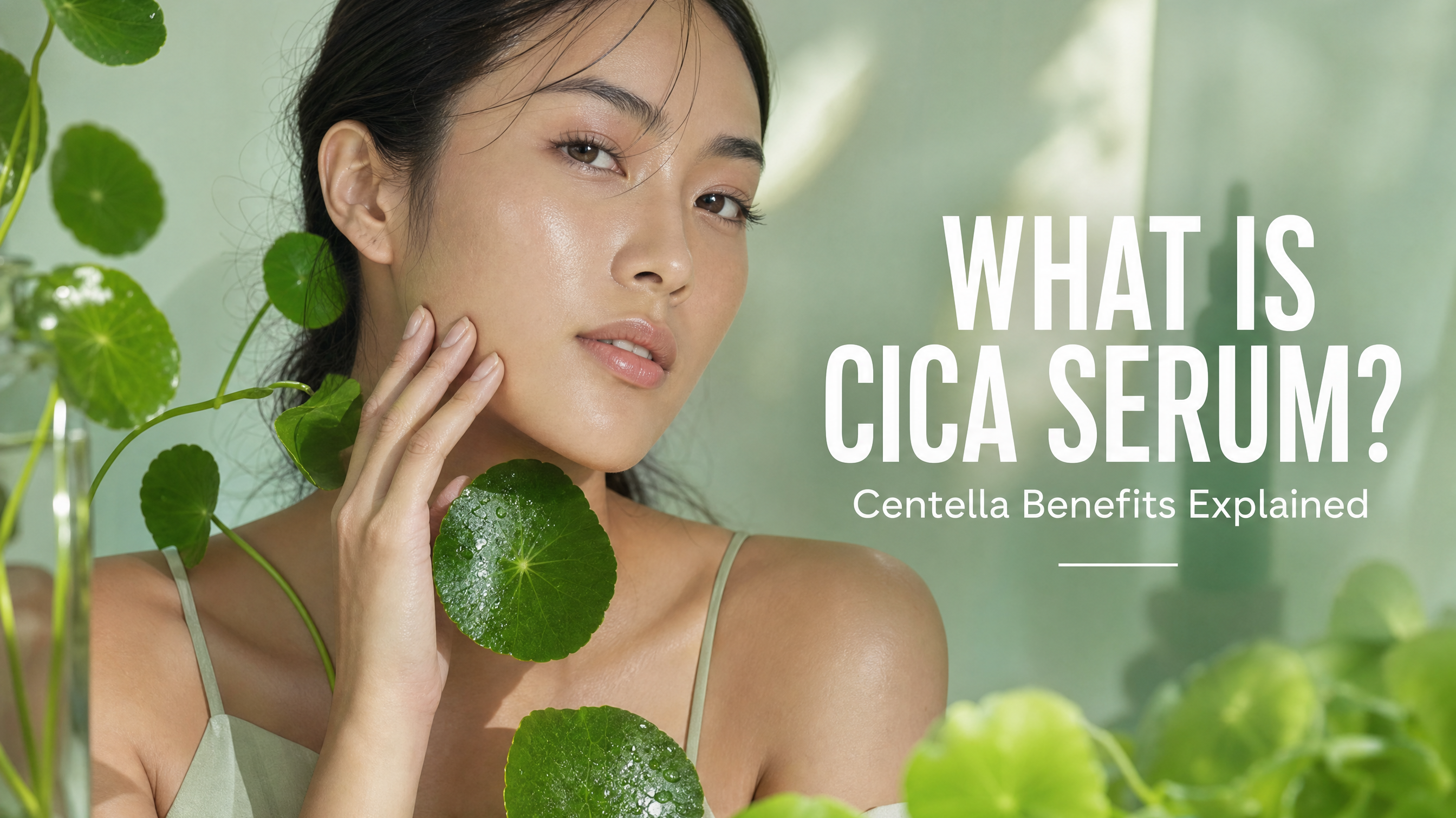 Woman with radiant skin and centella asiatica leaves — cica serum benefits guide