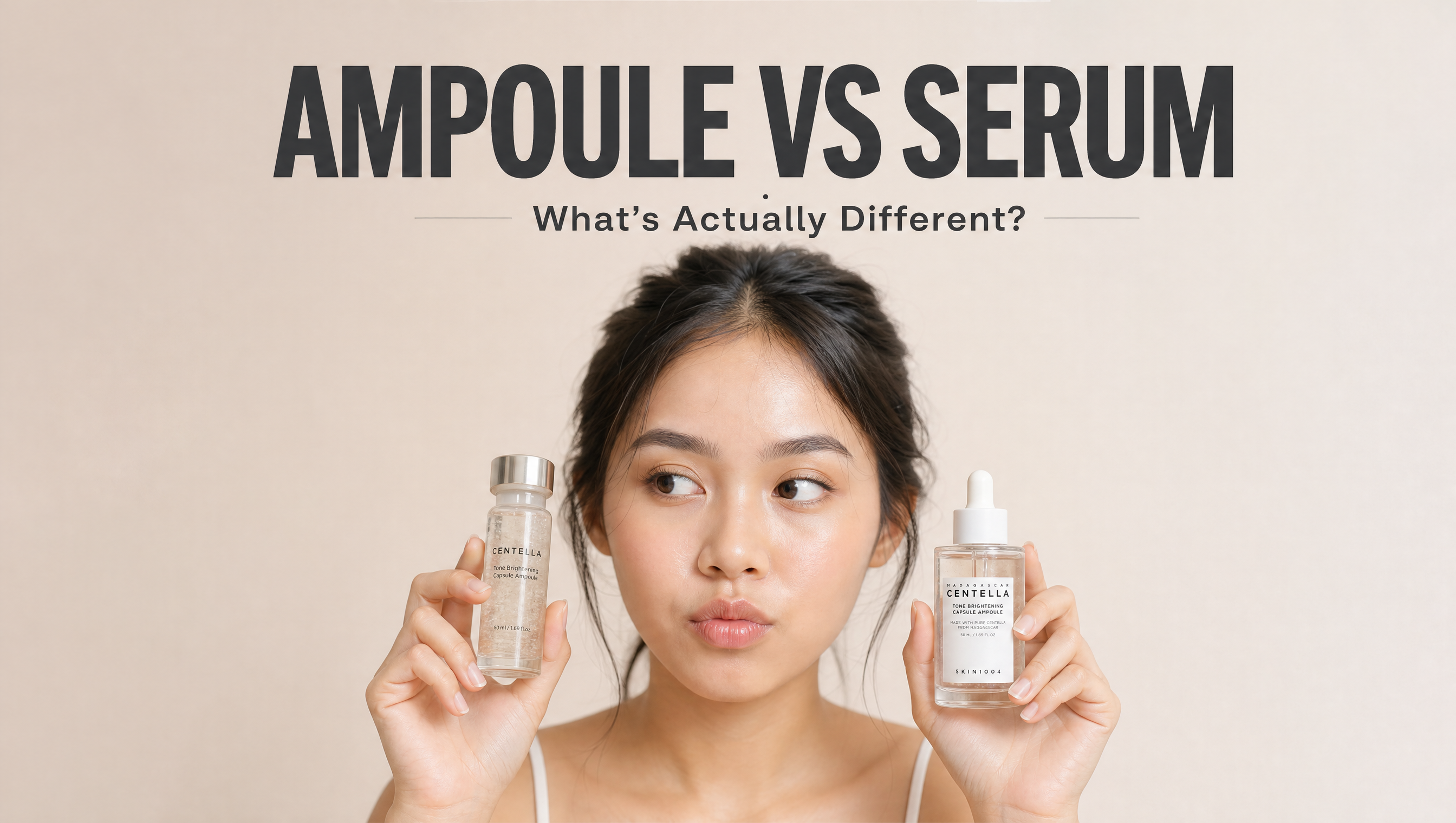 Woman comparing ampoule vs serum bottles — K-beauty guide