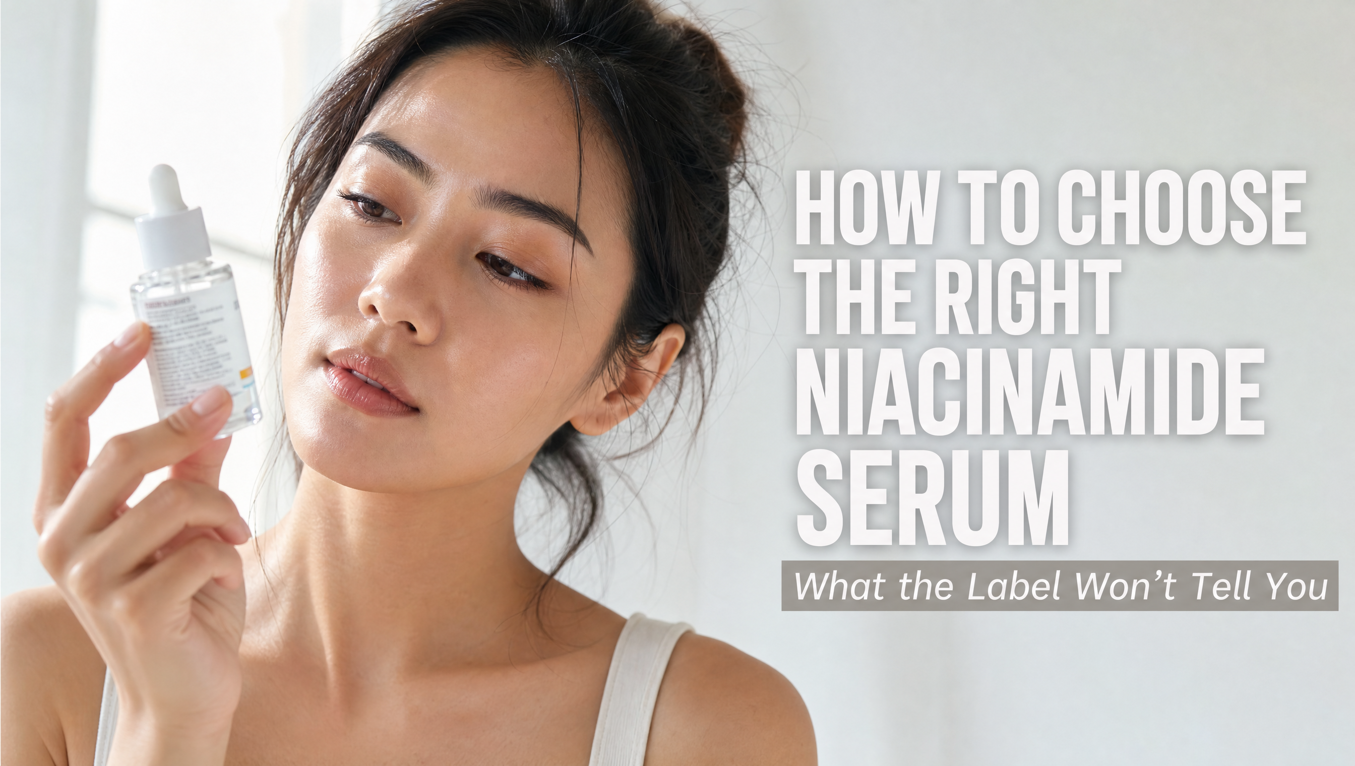 Woman examining niacinamide serum label — K-beauty ingredient guide Malaysia