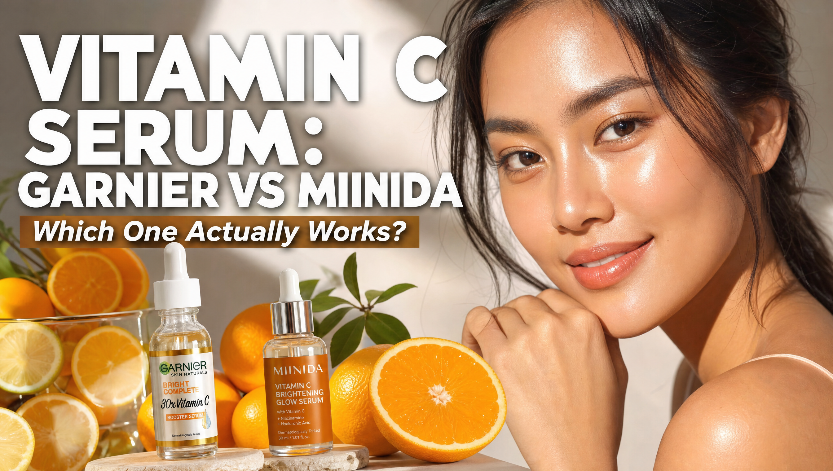 Vitamin C brightening serum comparison — Garnier vs MIINIDA Malaysia