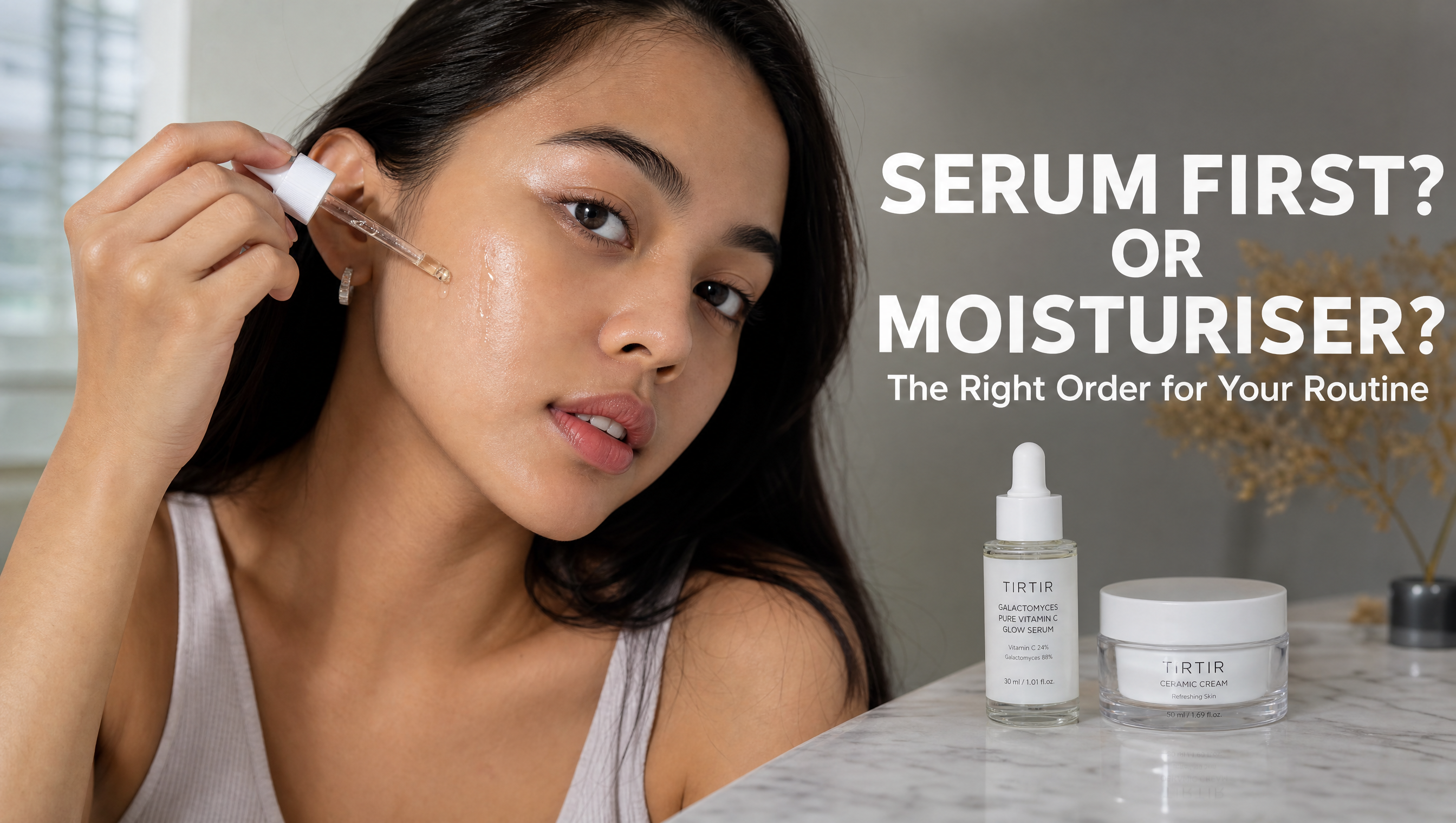 Woman applying serum with dropper — serum or moisturiser first guide