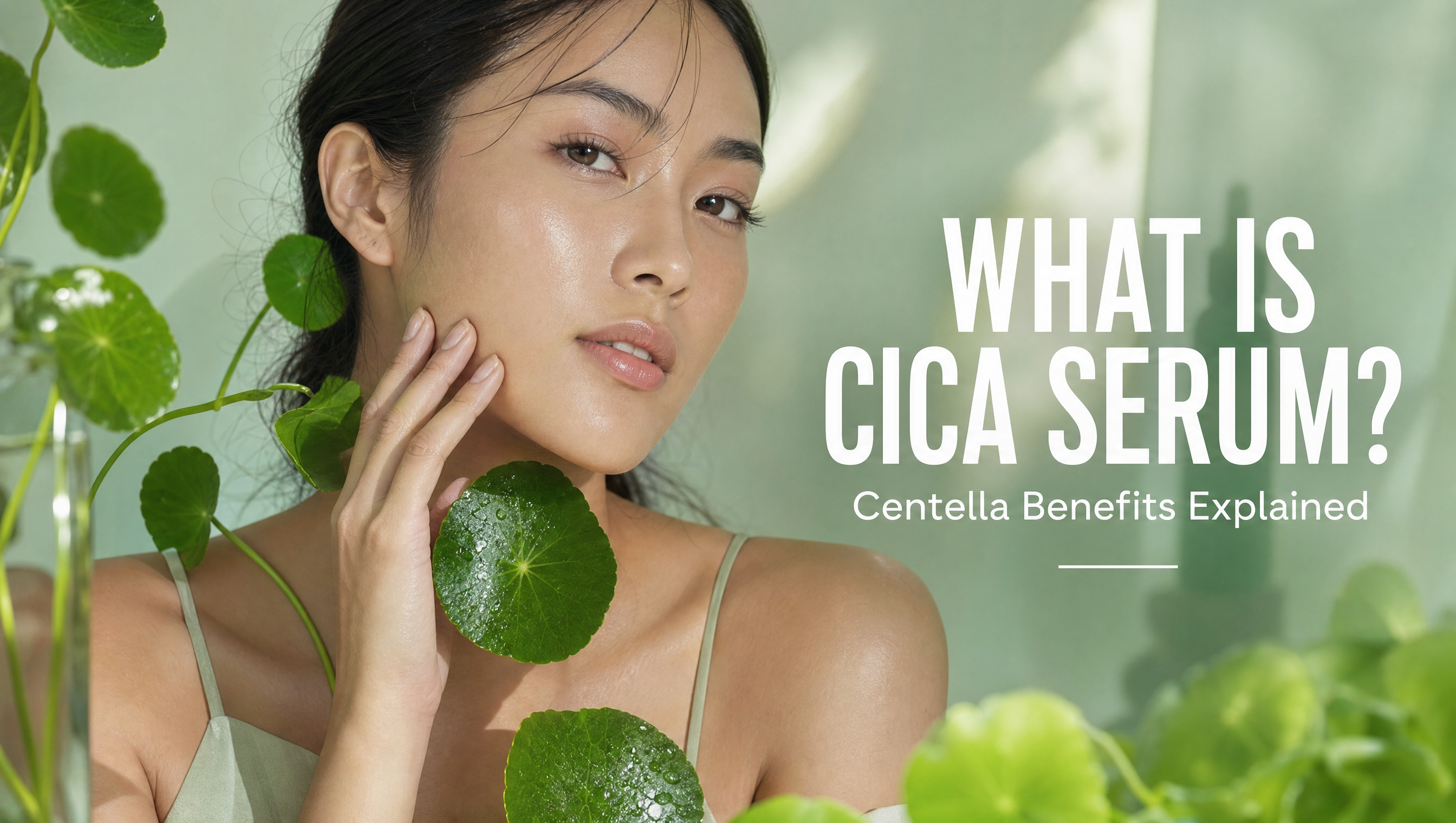 Woman with radiant skin and centella asiatica leaves — cica serum benefits guide